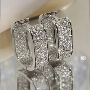 #29 Full Drilled Square Silver Hoops, Set W/Zirconia Copper, In&out Diamonds